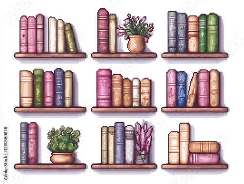 Pixel Art Bookshelves with Plants and Books photo