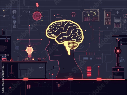 Sci-Fi Mind Control: User Operates Device with Brain in Animated Illustration