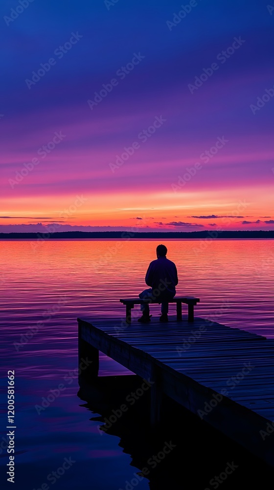 A contemplative man sitting alone on a dock at sunset over tranquil waters. A contemplative man sitting alone on a dock at sunset over tranquil waters.