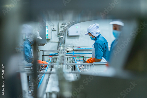 Fish processing line in a clean food manufacturing environment Workers ensure quality control and efficiency in industrial food production. photo