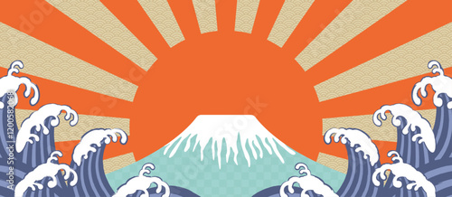 富士山と朝日と波の和風背景ベクターイラスト 海 サンバースト 集中線 日本 縁起物