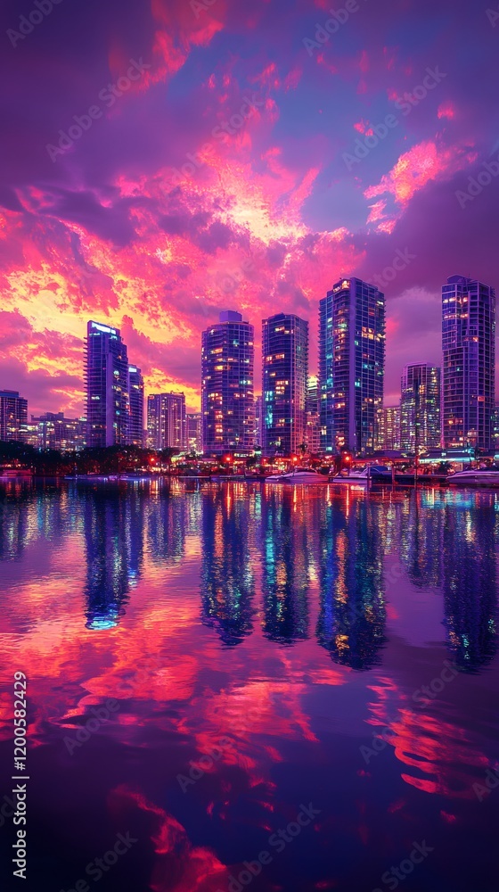 Fototapeta premium Vibrant sunset over a skyline reflecting on calm waters.
