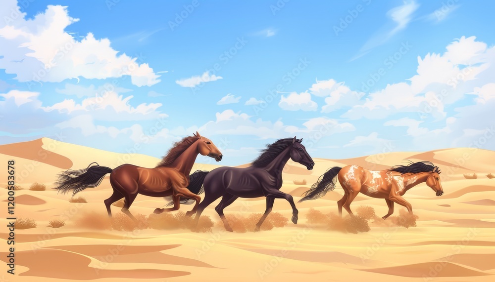 Fototapeta premium Three horses running in a desert landscape under a blue sky with white clouds.