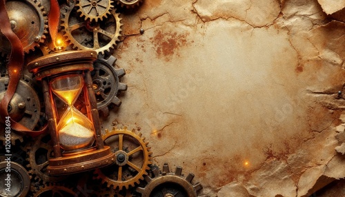 Vintage hourglass and steampunk cogs on aged paper. Concept of time, history, and mechanics.