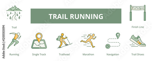 Trail Running Lineal Color Banner Web Icon Set Vector Illustration, Trail Running Single Track Trailhead Marathon Navigation Trail Shoes Finish Line