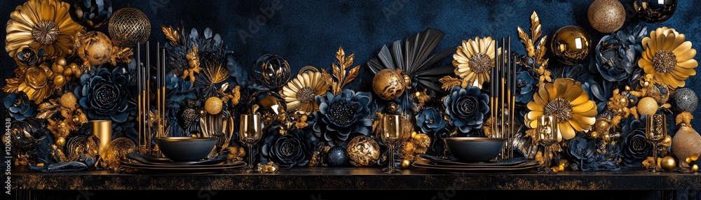 Gold & navy blue floral arrangement, dark background, elegant decor, event design Gold & navy blue floral arrangement, dark background, elegant decor, event design