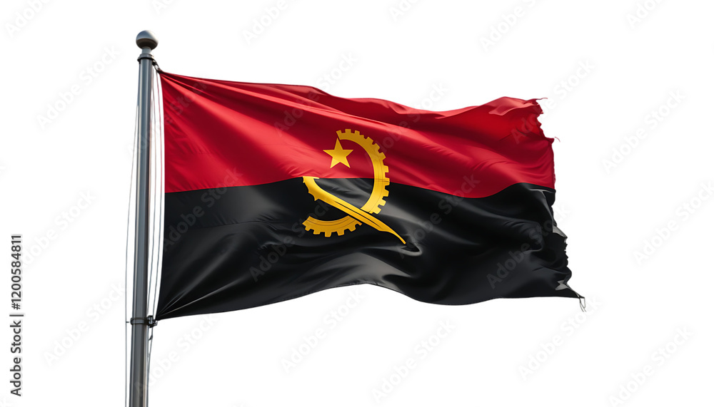 Naklejka premium The flag of Angola waving in the wind, displaying the coat of arms, a symbol of national pride.