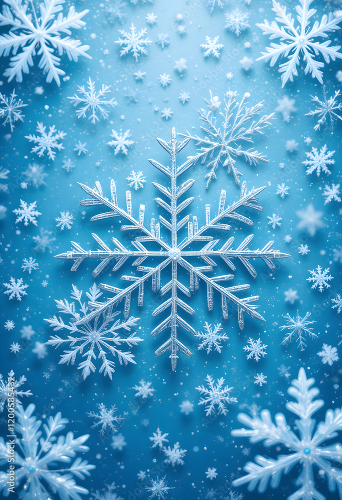 Intricately Designed Snowflakes on a Frosty Blue Background Intricately Designed Snowflakes on a Frosty Blue Background