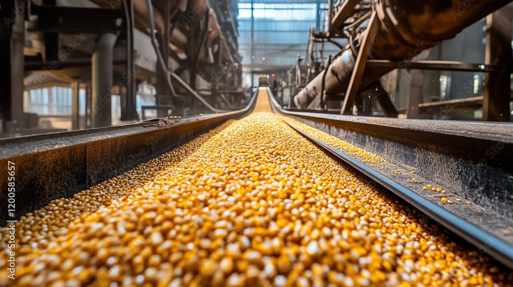 Corn kernels transported on a conveyor belt in a factory. Corn kernels transported on a conveyor belt in a factory.