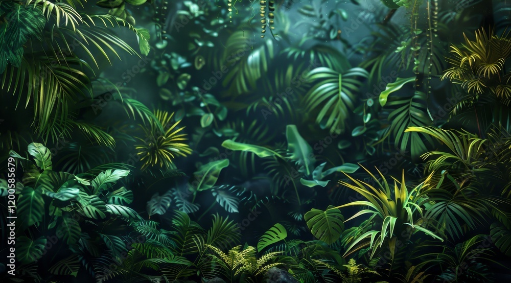 Fototapeta premium Lush, green tropical foliage with dappled sunlight filtering through the leaves.