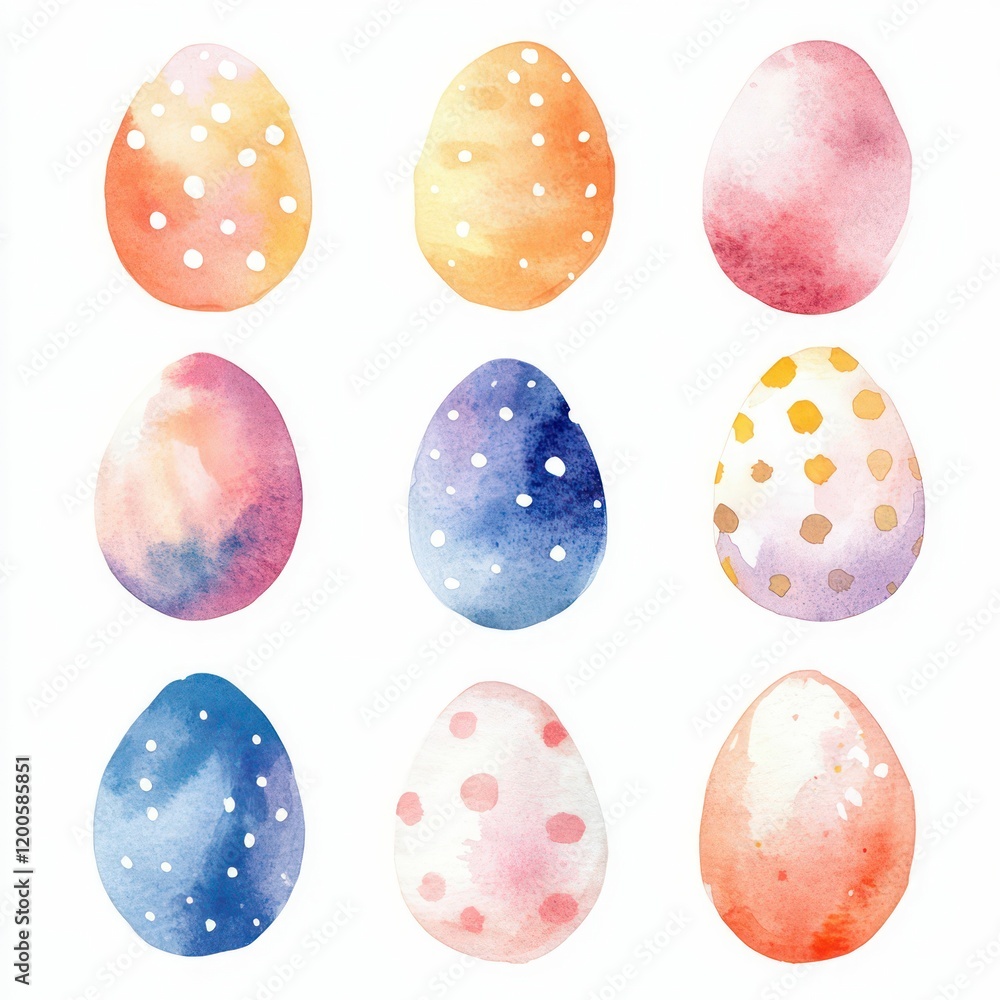 Clear pastel, clear watercolor, Easter eggs, eggs with polka dots or stripes or plaid decorative patterns, watercolor Clear pastel, clear watercolor, Easter eggs, eggs with polka dots or stripes or plaid decorative patterns, watercolor