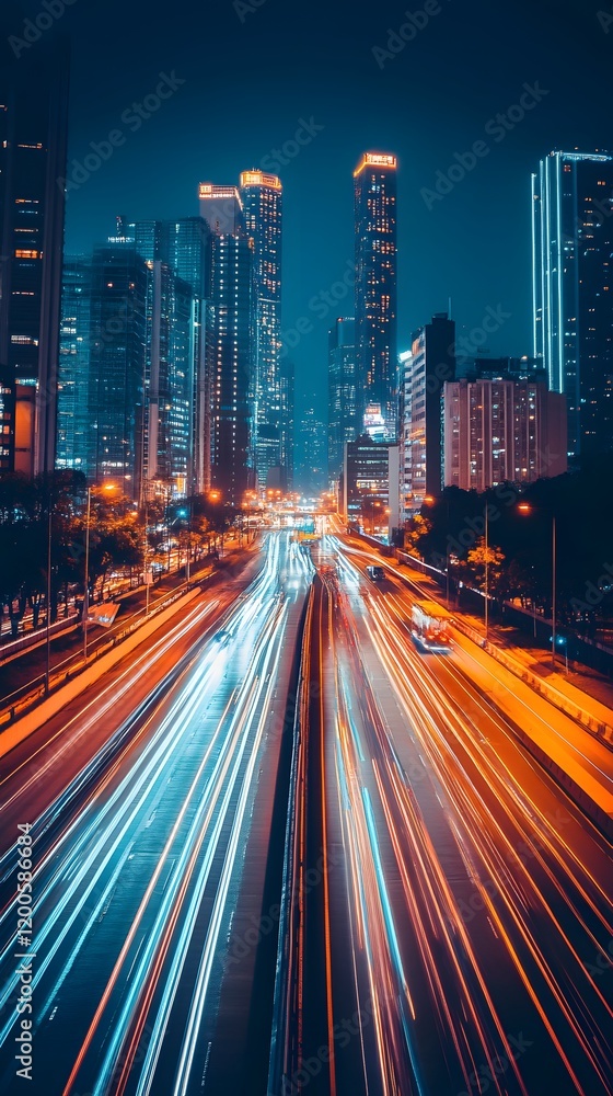 Fototapeta premium A stunning night view of a bustling city skyline with vibrant light trails from traffic.