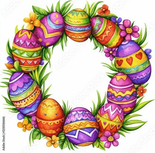 watercolor wreath made of colorful Easter eggs and blooming flowers, symbolizing festive springtime joy and artistic elegance. photo