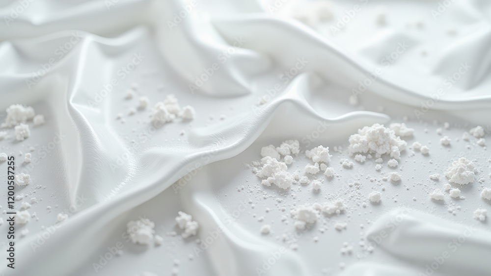 Intimate shot of ethereal white fabric with smooth, wavy textures, dotted with delicate powder specks creating a mesmerizing pattern. Intimate shot of ethereal white fabric with smooth, wavy textures, dotted with delicate powder specks creating a mesmerizing pattern.