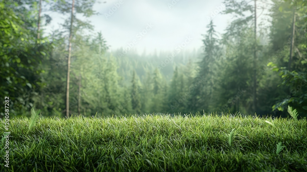 Fototapeta premium Lush Green Grass and Forest Landscape in Morning Light