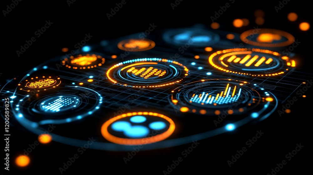 Futuristic data analysis display, glowing, dark background, technology Futuristic data analysis display, glowing, dark background, technology
