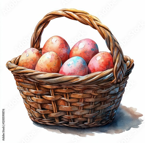 a rustic wicker basket filled with colorful Easter eggs in red, blue, and yellow, showcasing a festive and cheerful charm. photo