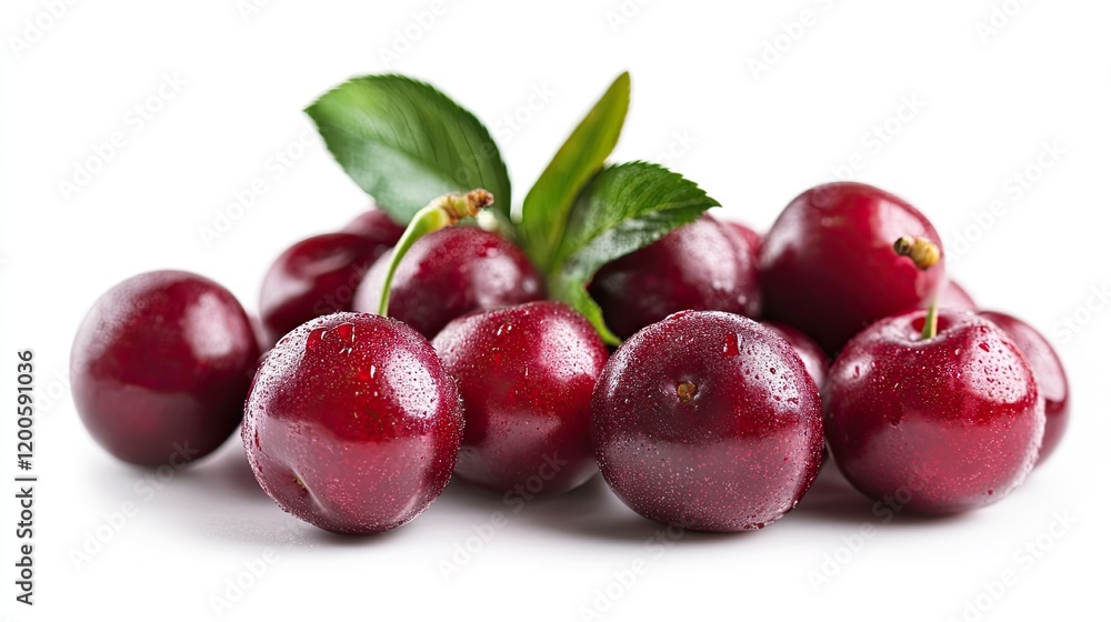 Juicy red cherries with leaves, isolated on white background; perfect for food blogs or packaging Juicy red cherries with leaves, isolated on white background; perfect for food blogs or packaging