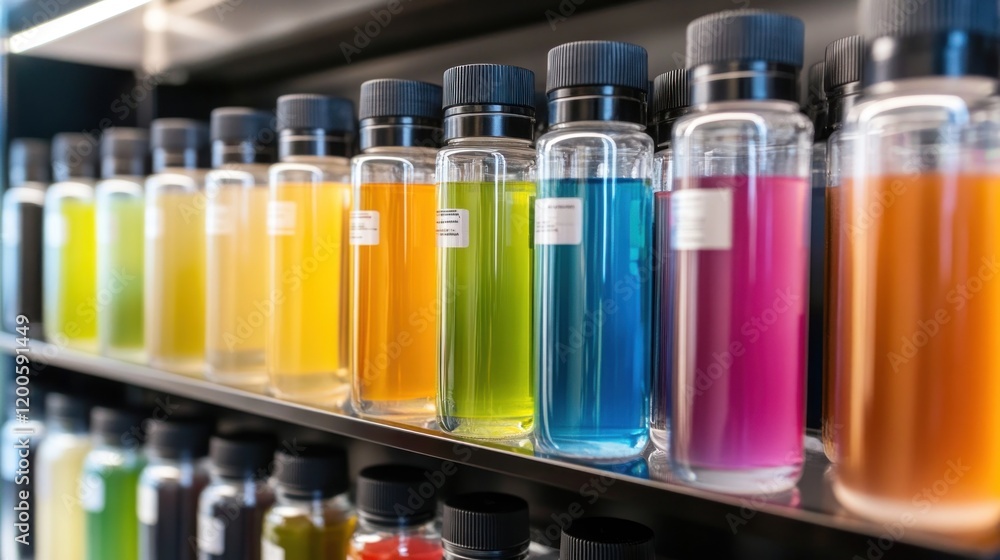 A collection of colorful liquids in glass bottles on a shelf, likely for scientific purposes. A collection of colorful liquids in glass bottles on a shelf, likely for scientific purposes.