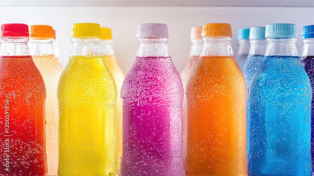 A colorful array of carbonated beverage bottles with bubbles displayed in a refrigerator. A colorful array of carbonated beverage bottles with bubbles displayed in a refrigerator.