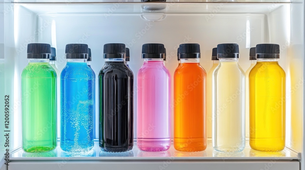 A colorful array of bottled drinks displayed in a refrigerator. A colorful array of bottled drinks displayed in a refrigerator.