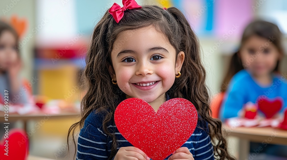 Happy Child Smiling in Classroom Holding Red Heart Craft During Creative Activity Happy Child Smiling in Classroom Holding Red Heart Craft During Creative Activity