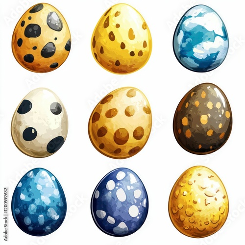 a watercolor illustration of a collection of speckled eggs in diverse colors and patterns, arranged on a clean white background. photo