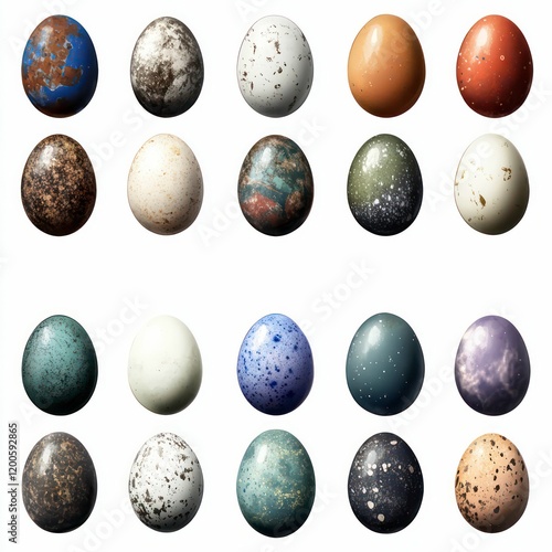 a watercolor illustration of a collection of speckled eggs in diverse colors and patterns, arranged on a clean white background. photo