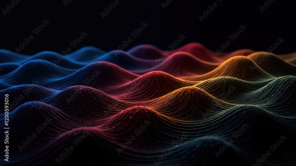 Fototapeta premium Close-up view of mesmerizing, color-shifting waves: vibrant blues, purples, reds, oranges, yellows, greens, and blacks interlace in a dynamic, flowing dance