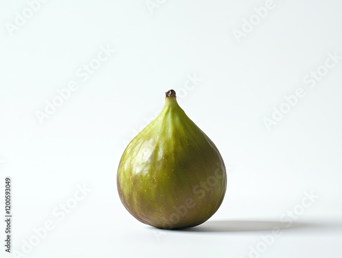 Single green fig on white background, food photography for recipe websites