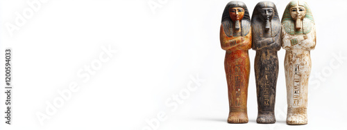 Three intricately designed ancient Egyptian sarcophagi figurines stand together, showcasing detailed hieroglyphics and vivid colors on each structure, reflecting the rich artistry of ancient Egypt. photo