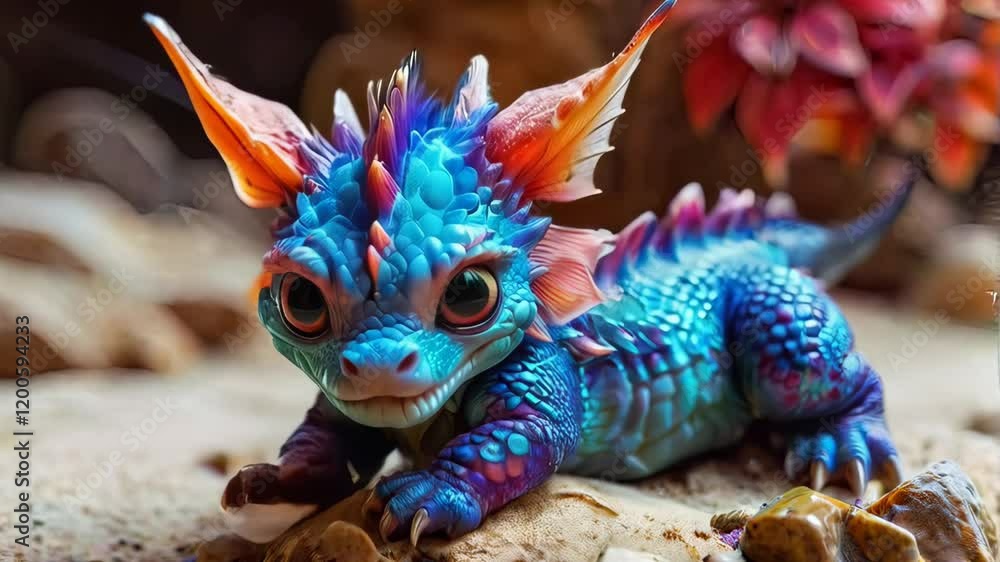 Whimsical Colorful Dragon Character with Vibrant Scales Cute Fantasy Creature Resting on Rocky Surface Surrounded by Lush Plants and Expressive Eyes. Whimsical Colorful Dragon Character with Vibrant Scales Cute Fantasy Creature Resting on Rocky Surface Surrounded by Lush Plants and Expressive Eyes.
