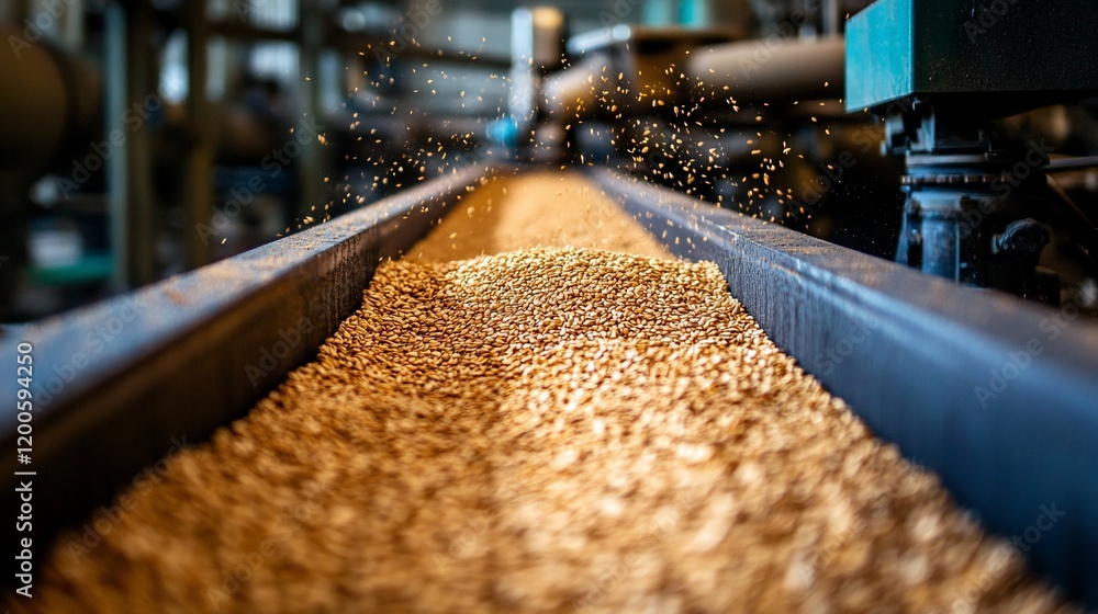 Grain flowing on conveyor belt in factory. Grain flowing on conveyor belt in factory.