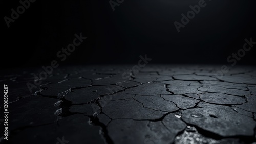 A captivating medium close-up of cracked, black earth, with glistening water droplets reflecting light in the jagged fissures. The uneven surface exudes a mysterious allure photo