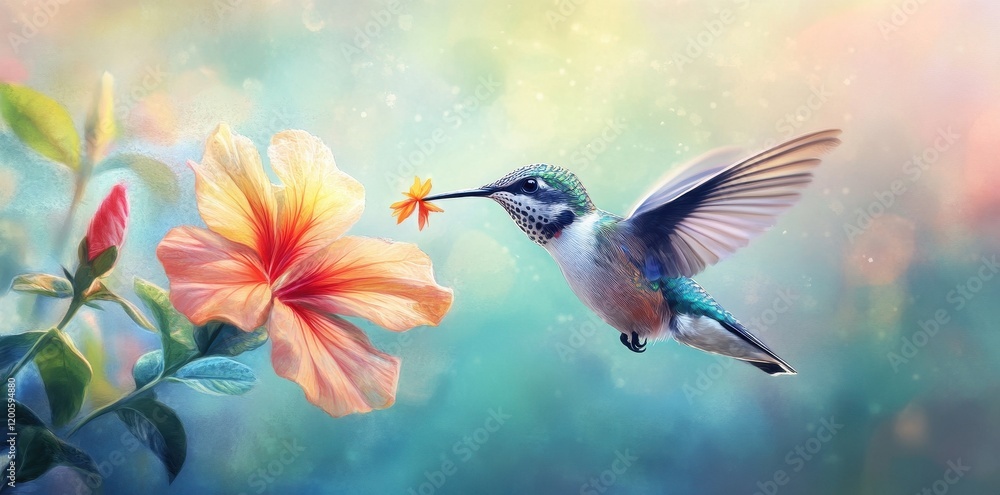 Hummingbird Feeding on a Peach Hibiscus Flower Hummingbird Feeding on a Peach Hibiscus Flower