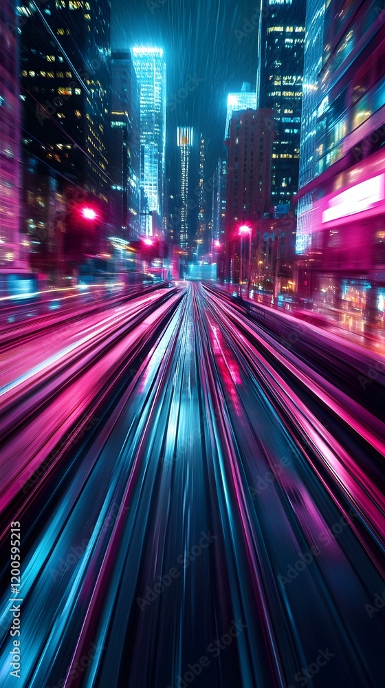 Obraz premium Vibrant cityscape at night with dynamic motion blur and neon lights.