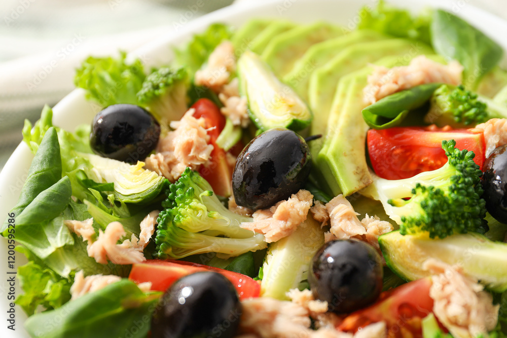 Salad with tuna, close-up, side view. Salad with tuna, close-up, side view.