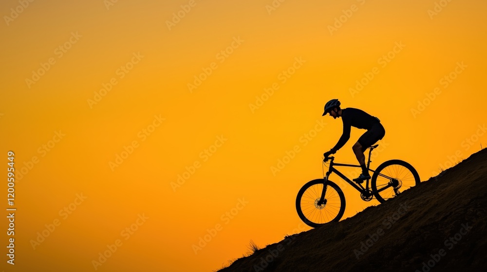 Passion and motivation excitement, A silhouette of a cyclist ascending a hill against a vibrant orange sunset backdrop, showcasing adventure and outdoor activity. Passion and motivation excitement, A silhouette of a cyclist ascending a hill against a vibrant orange sunset backdrop, showcasing adventure and outdoor activity.