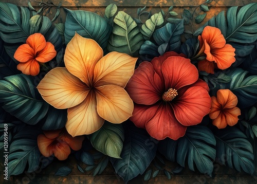 Wallpaper Mural Tropical Leaves Botanical Art Nouveau Illustration Wallpaper Grunge Design Torontodigital.ca