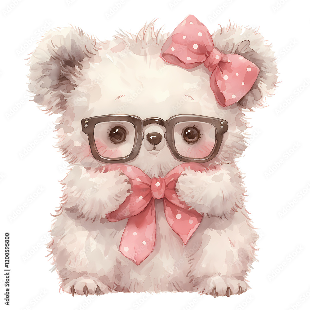 Obraz premium Adorable illustration of a fluffy white teddy bear wearing glasses and pink bows. Sweet and charming!