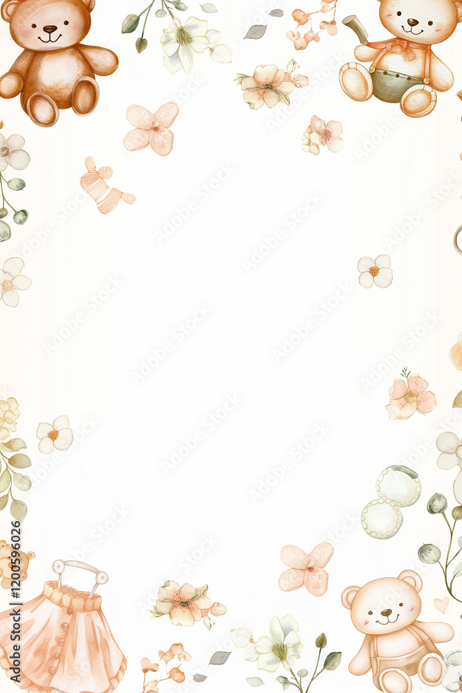 Fototapeta premium Watercolor frame with teddy bears, flowers, and baby clothes for newborn baby girl