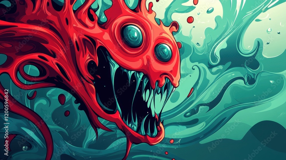 Fototapeta premium Abstract Red Creature In Teal Swirling Background