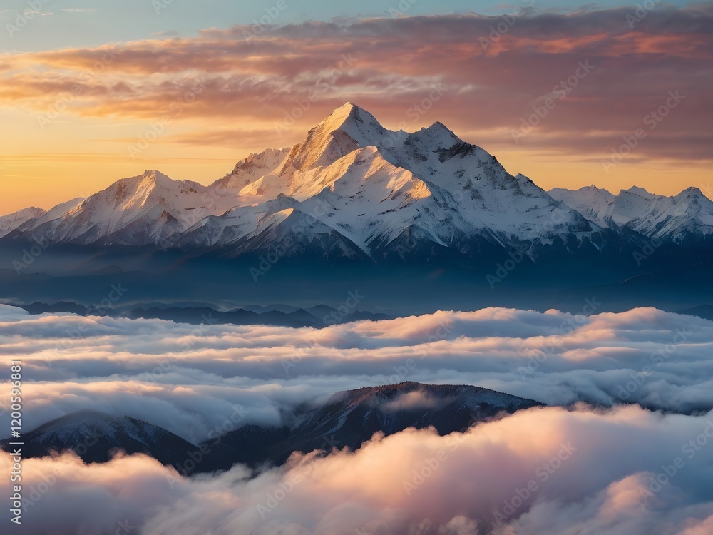 Majestic Sunrise Over Snowy Mountain Peaks and Clouds Majestic Sunrise Over Snowy Mountain Peaks and Clouds