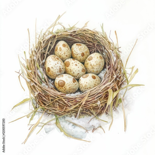 rustic bird's nest with speckled eggs surrounded by white background, pine branches, and soft snowflakes, evoking a wintry charm. photo