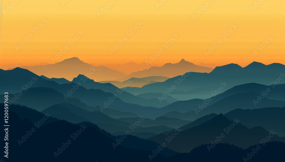 Obraz premium A panoramic view of a mountain range at sunset, with the sky a vibrant orange and the mountains a deep blue.