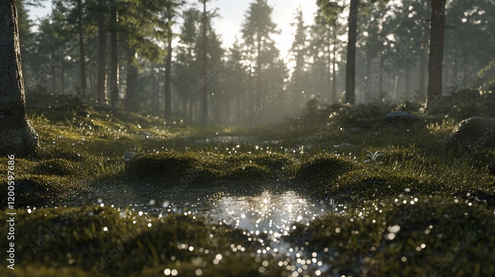 Misty forest morning with dew-kissed puddles. Sunlight streams through the trees, illuminating a tranquil woodland scene. Misty forest morning with dew-kissed puddles. Sunlight streams through the trees, illuminating a tranquil woodland scene.