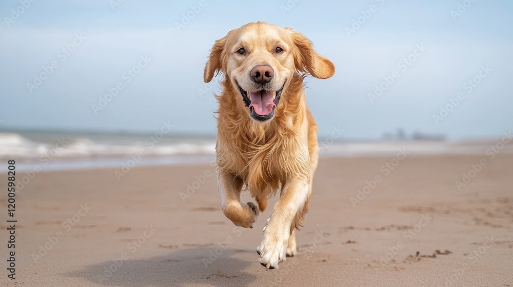 Passion and motivation excitement, A joyful golden retriever running along the beach, exuding happiness against a backdrop of sand and sea. Passion and motivation excitement, A joyful golden retriever running along the beach, exuding happiness against a backdrop of sand and sea.