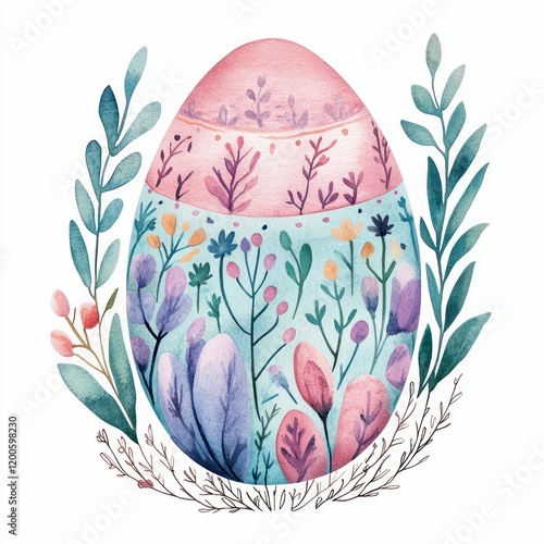 pastel watercolor Easter egg adorned with floral motifs, delicate patterns, and soft tones, creating a whimsical and charming festive design. photo