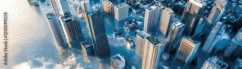 Flooded Cityscape at Dawn Skyscrapers Partially Submerged in Water