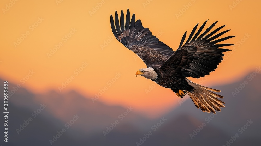 Fototapeta premium Passion and motivation excitement, A majestic eagle soars against a vibrant sunset, showcasing its impressive wingspan and powerful presence in the sky.